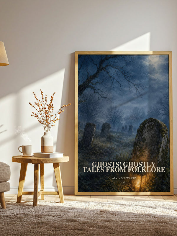 Ghosts! Ghostly Tales From Folklore watercolour print in frame leaning in hallway – childrens wall art