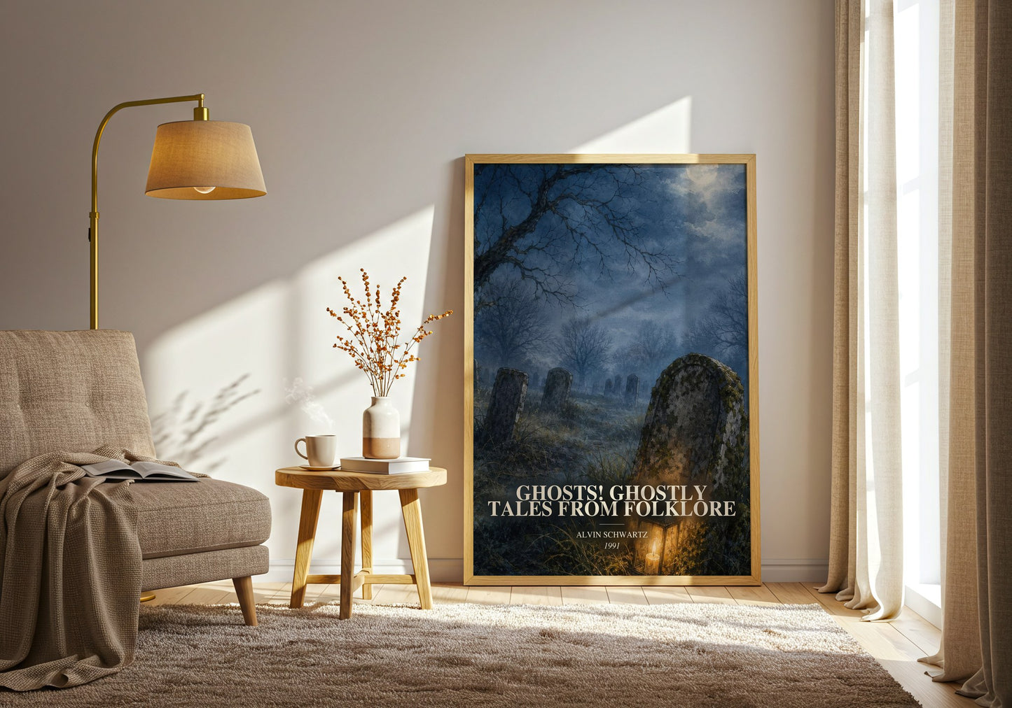 Ghosts! Ghostly Tales From Folklore watercolour print in frame leaning in hallway – childrens wall art