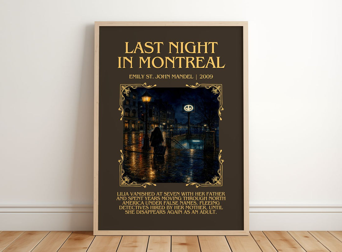 Last Night In Montreal Minimalist Book Poster by Emily St. John Mandel – framed print leaning on a wooden floor