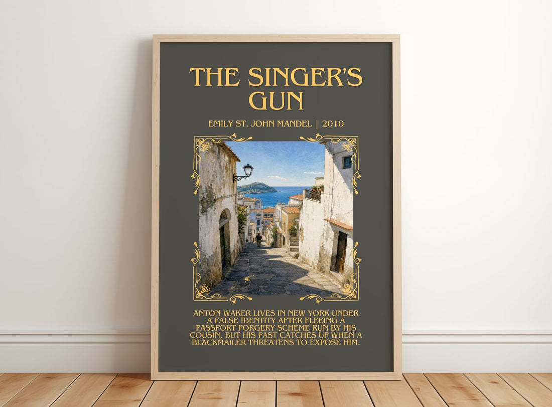 The Singer'S Gun Minimalist Book Poster by Emily St. John Mandel – framed print leaning on a wooden floor