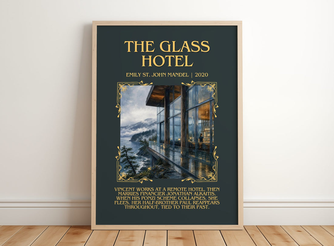 The Glass Hotel Minimalist Book Poster by Emily St. John Mandel – framed print leaning on a wooden floor