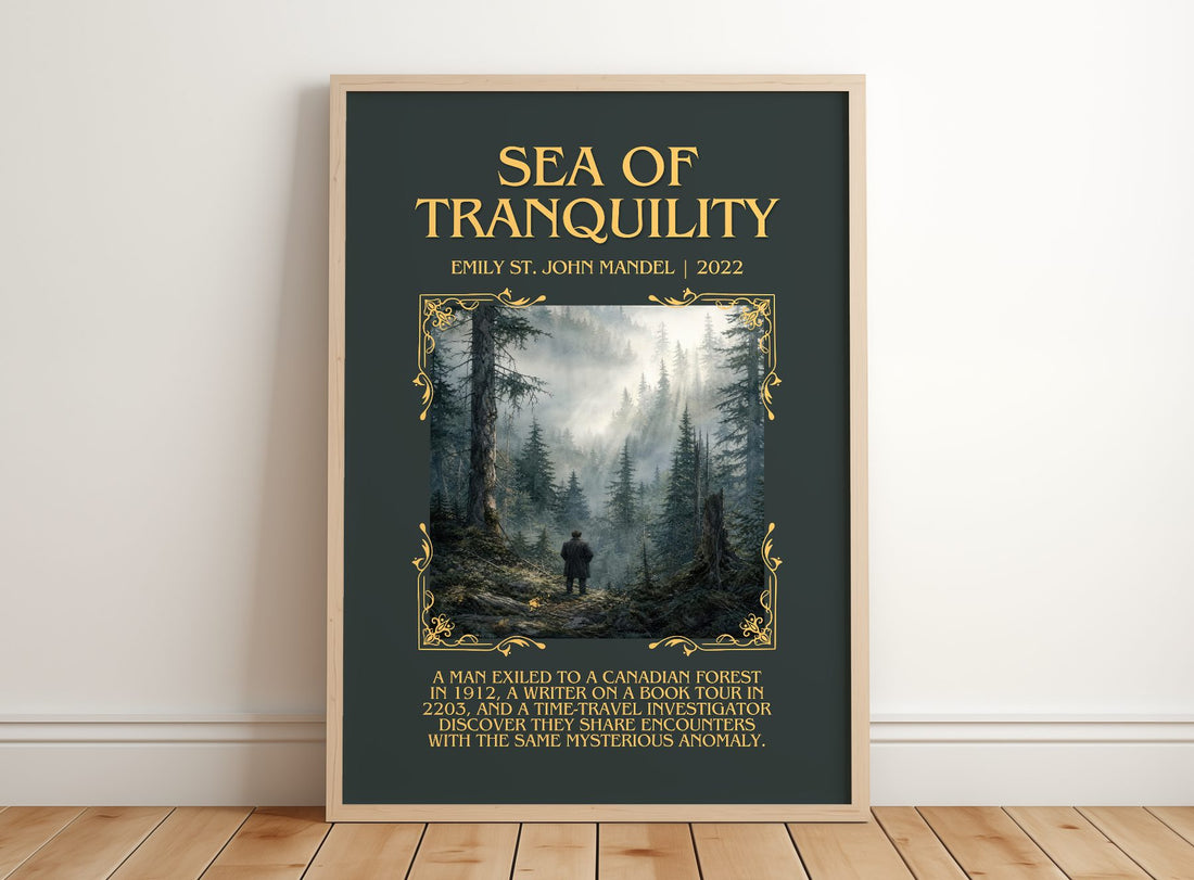 Sea Of Tranquility Minimalist Book Poster by Emily St. John Mandel – framed print leaning on a wooden floor