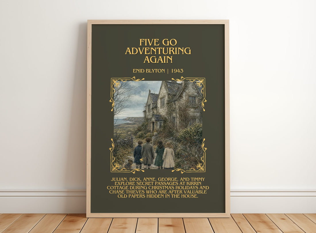 Five Go Adventuring Again Minimalist Book Poster by Enid Blyton – framed print leaning on a wooden floor