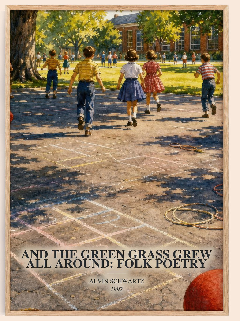 And The Green Grass Grew All Around: Folk Poetry watercolour book poster by Alvin Schwartz – framed literary art print