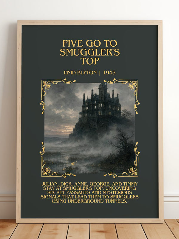 Five Go To Smuggler'S Top Minimalist Book Poster by Enid Blyton – framed print leaning on a wooden floor