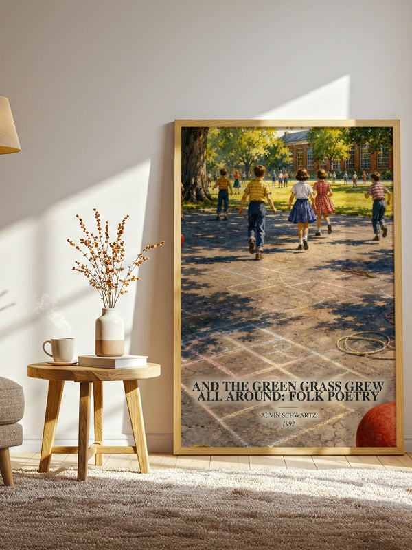 And The Green Grass Grew All Around: Folk Poetry watercolour print in frame leaning in hallway – poetry wall art