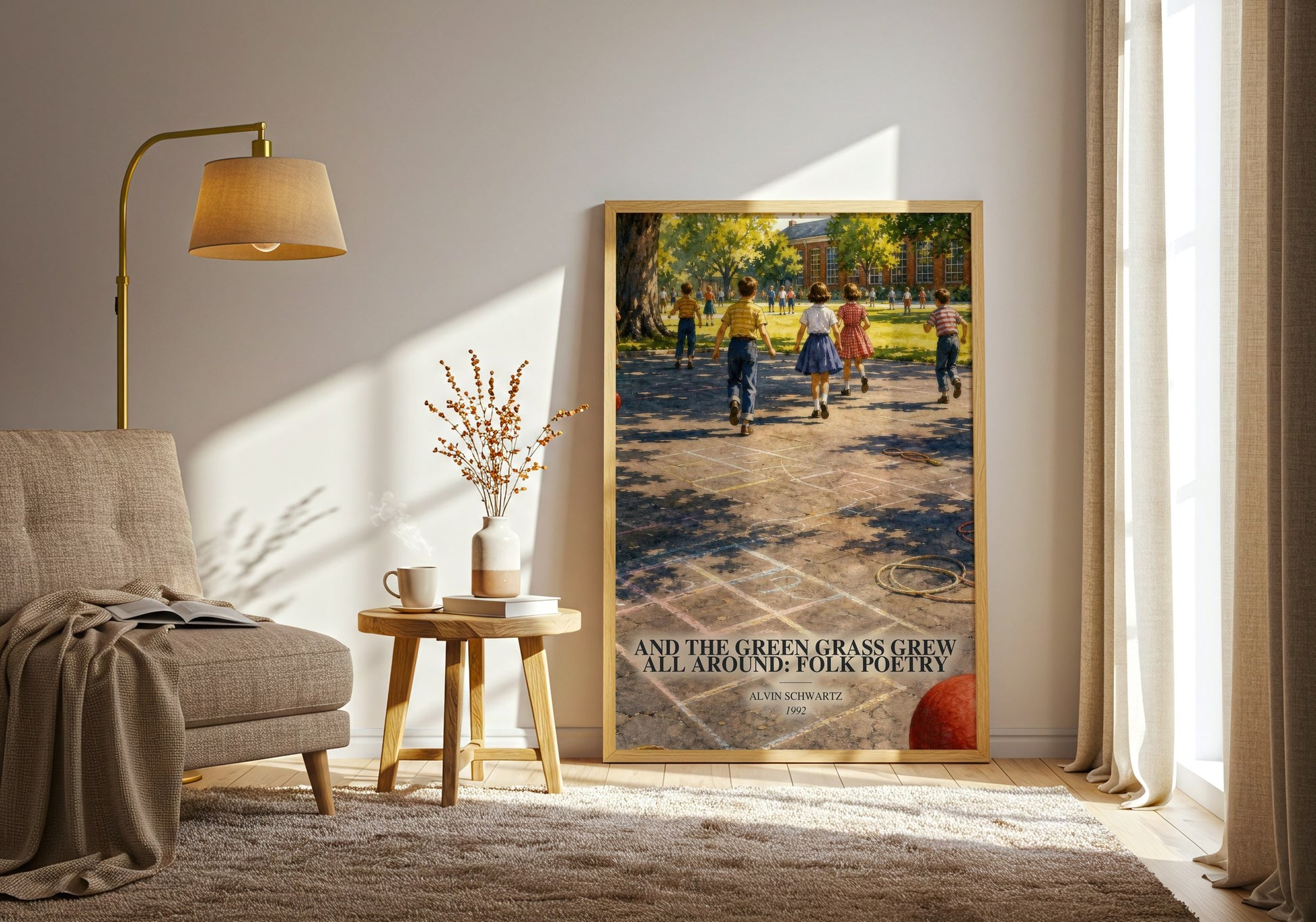 And The Green Grass Grew All Around: Folk Poetry watercolour print in frame leaning in hallway – poetry wall art