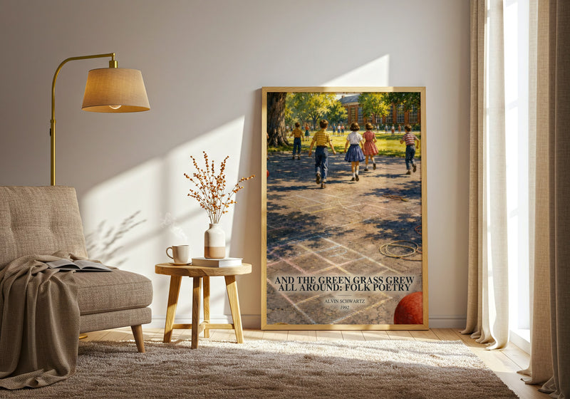 And The Green Grass Grew All Around: Folk Poetry watercolour print in frame leaning in hallway – poetry wall art