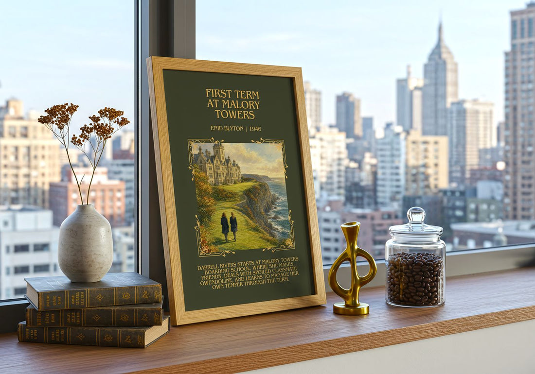 First Term At Malory Towers Minimalist Book Poster by Enid Blyton – framed print on a city-view windowsill