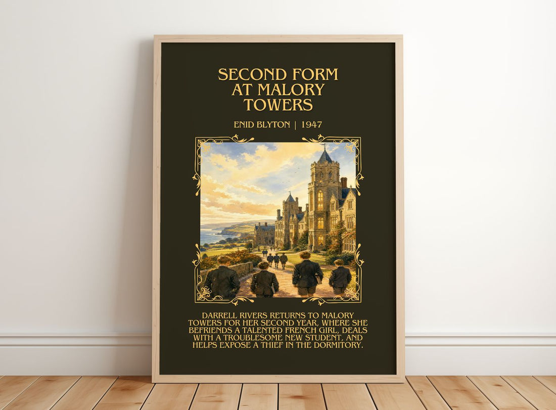 Second Form At Malory Towers Minimalist Book Poster by Enid Blyton – framed print leaning on a wooden floor