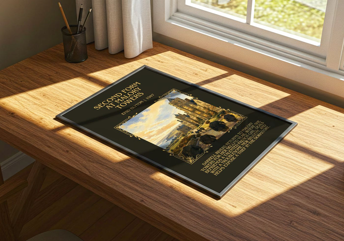 Second Form At Malory Towers Minimalist Book Poster by Enid Blyton – print on a sunlit desk