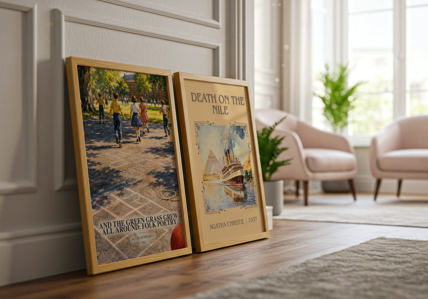 And The Green Grass Grew All Around: Folk Poetry watercolour print framed by window – literary home decor