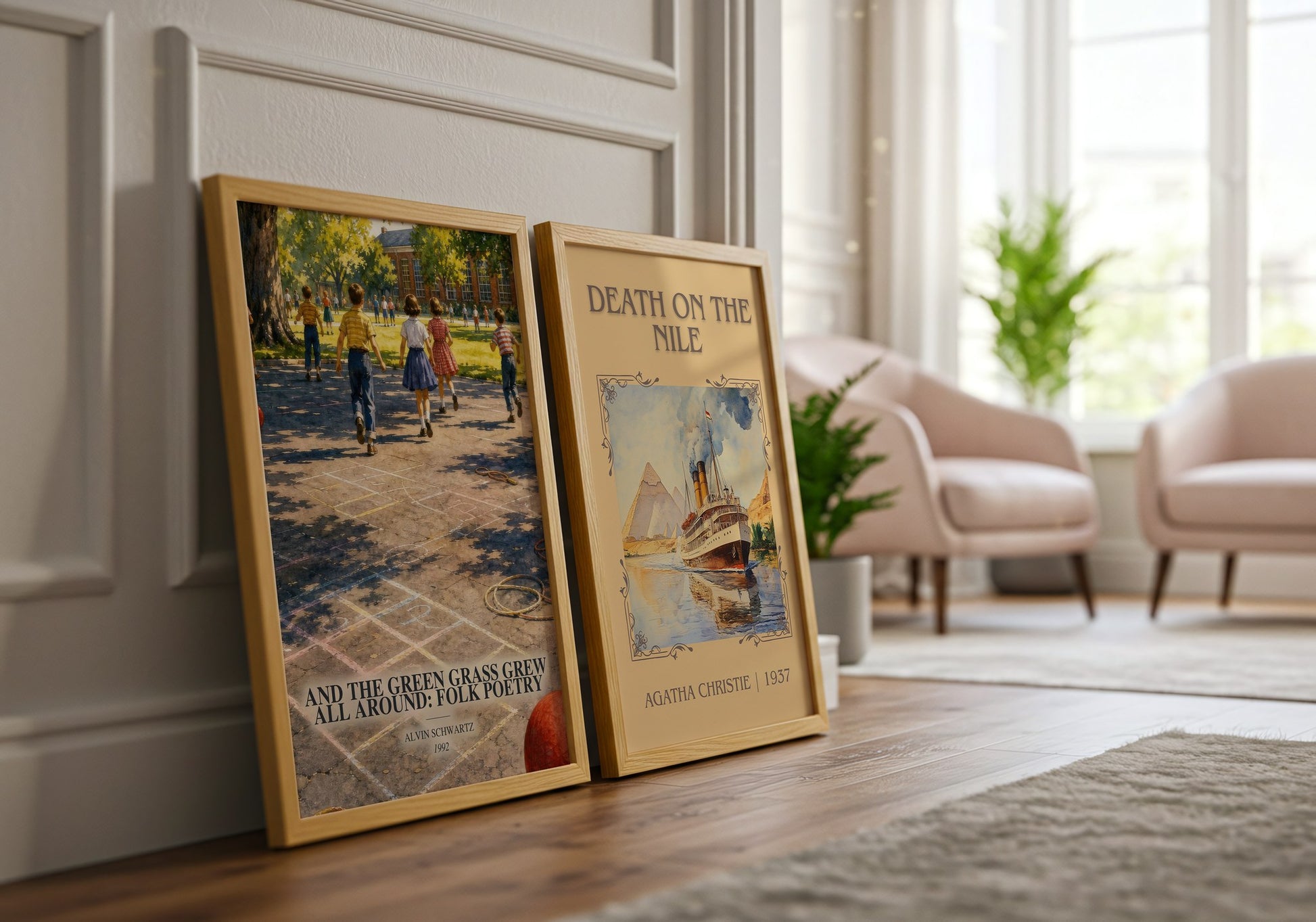 And The Green Grass Grew All Around: Folk Poetry watercolour print framed by window – literary home decor