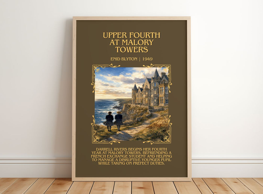 Upper Fourth At Malory Towers Minimalist Book Poster by Enid Blyton – framed print leaning on a wooden floor