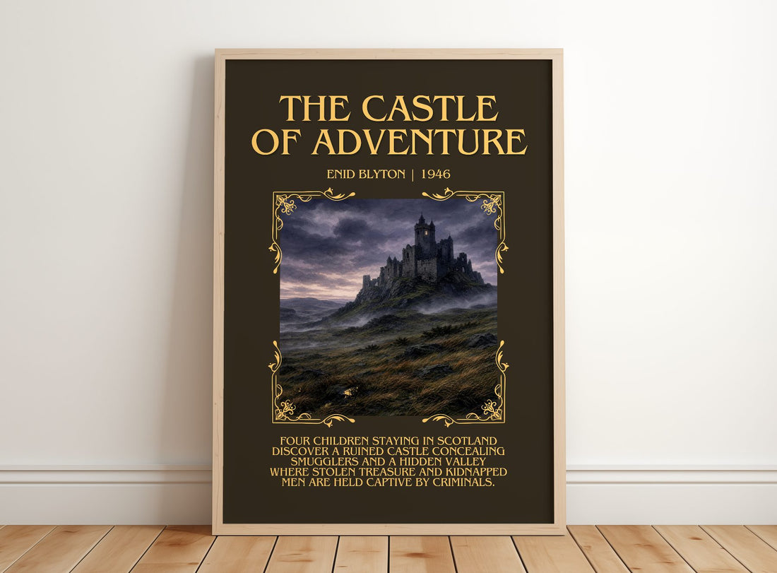 The Castle Of Adventure Minimalist Book Poster by Enid Blyton – framed print leaning on a wooden floor