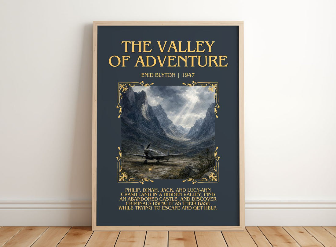 The Valley Of Adventure Minimalist Book Poster by Enid Blyton – framed print leaning on a wooden floor