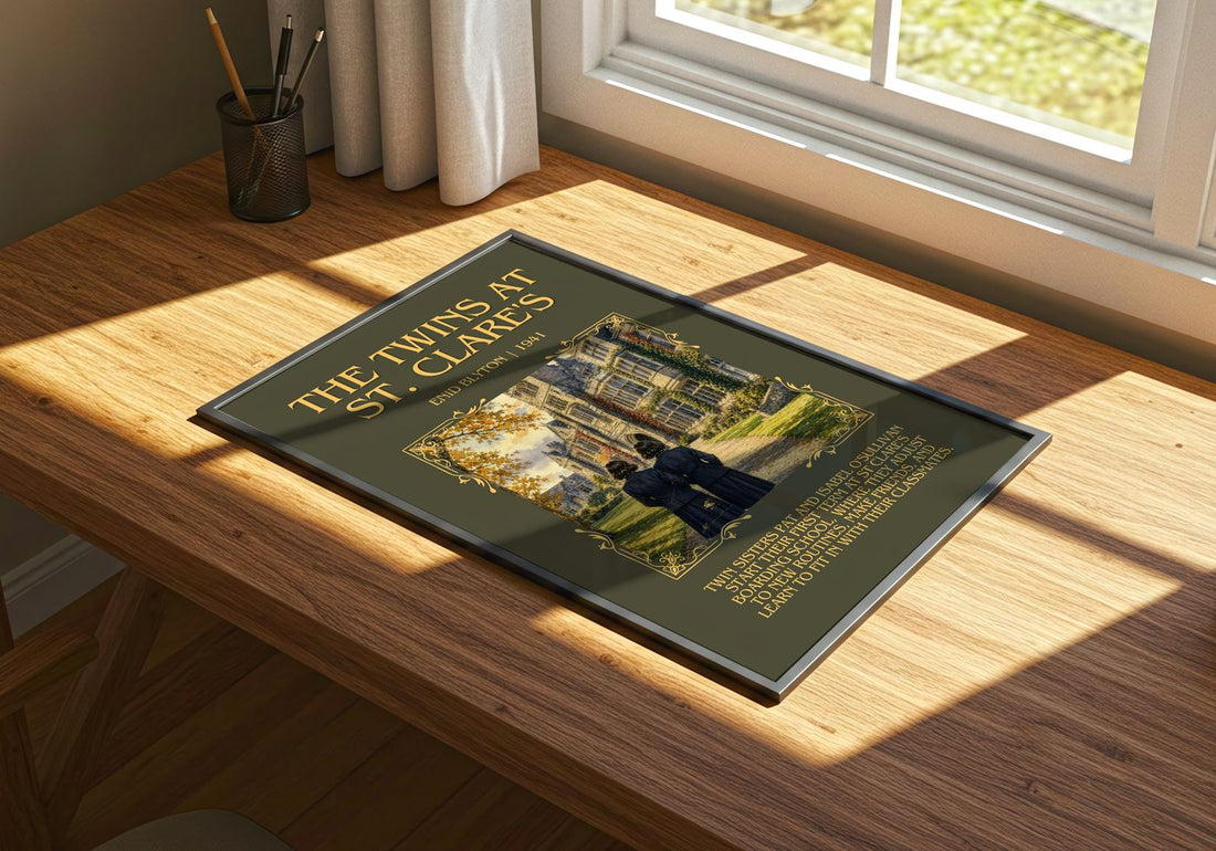 The Twins At St. Clare'S Minimalist Book Poster by Enid Blyton – print on a sunlit desk