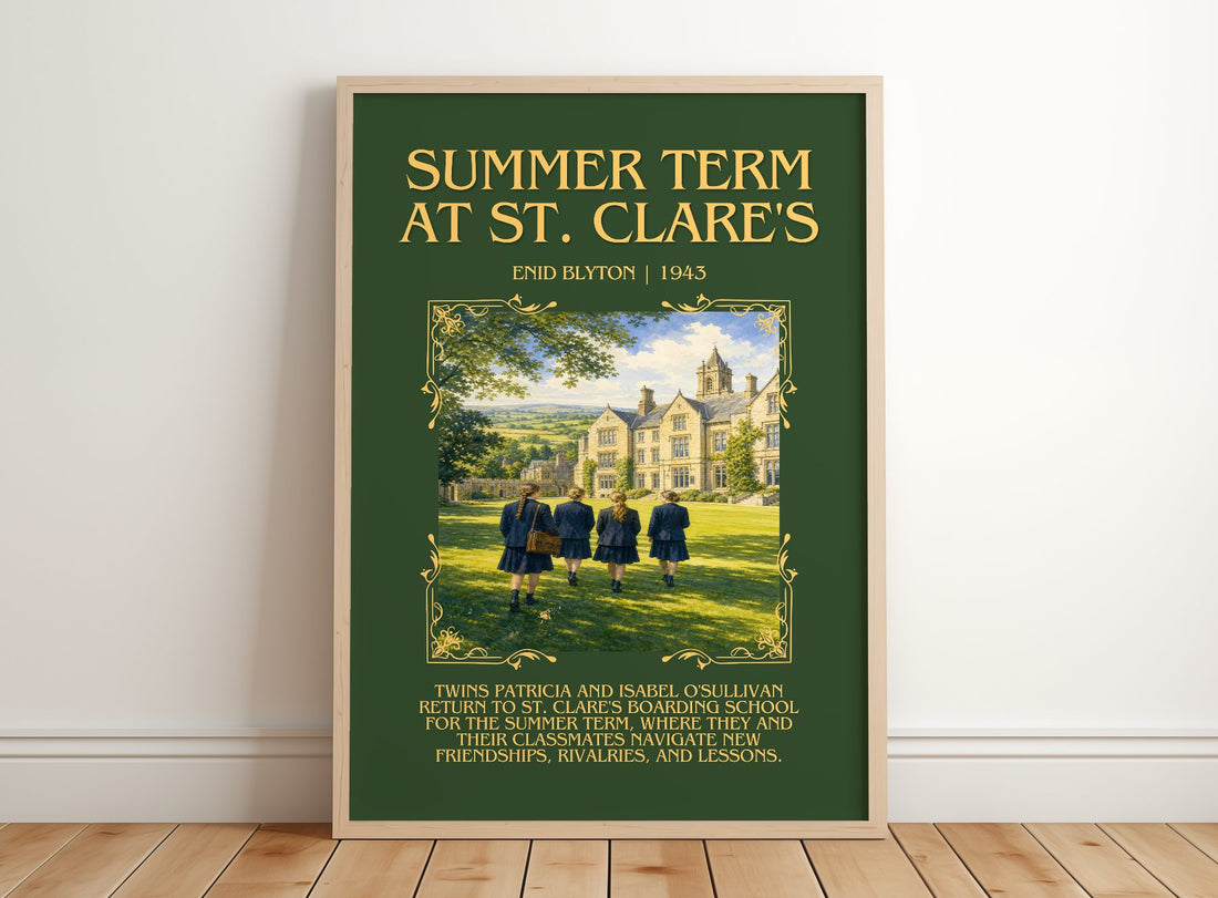 Summer Term At St. Clare'S Minimalist Book Poster by Enid Blyton – framed print leaning on a wooden floor