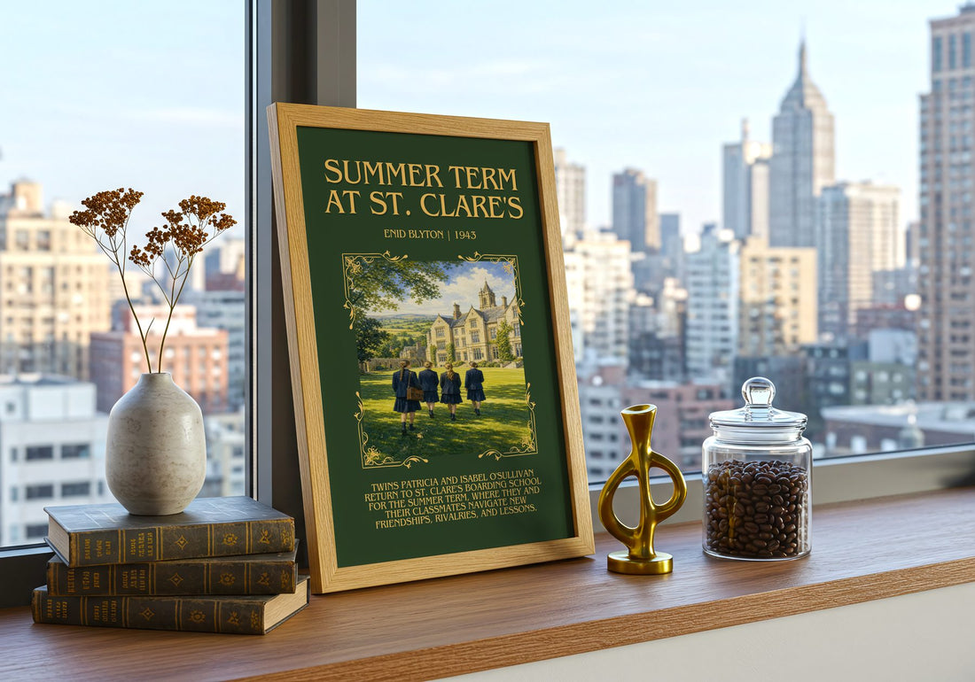 Summer Term At St. Clare'S Minimalist Book Poster by Enid Blyton – framed print on a city-view windowsill