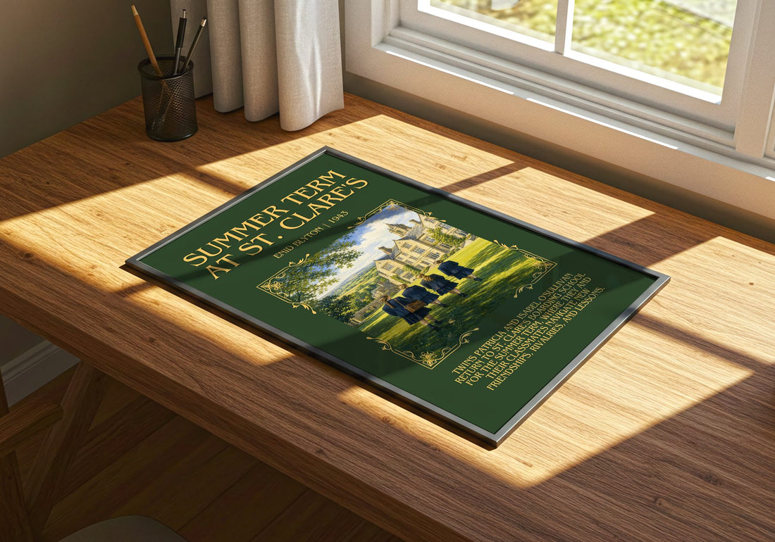 Summer Term At St. Clare'S Minimalist Book Poster by Enid Blyton – print on a sunlit desk