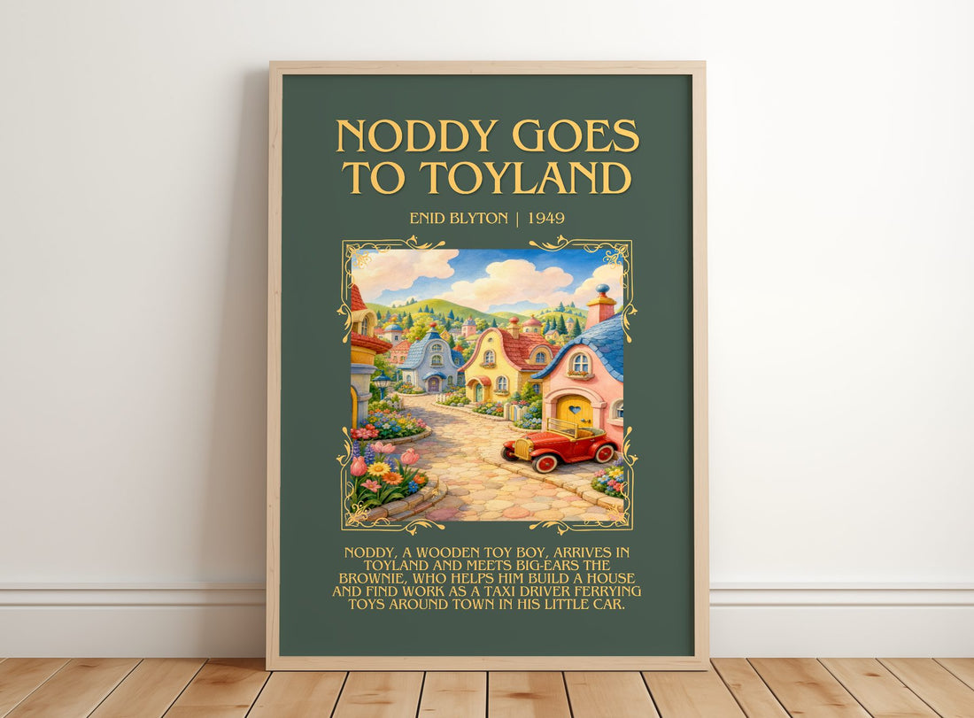 Noddy Goes To Toyland Minimalist Book Poster by Enid Blyton – framed print leaning on a wooden floor