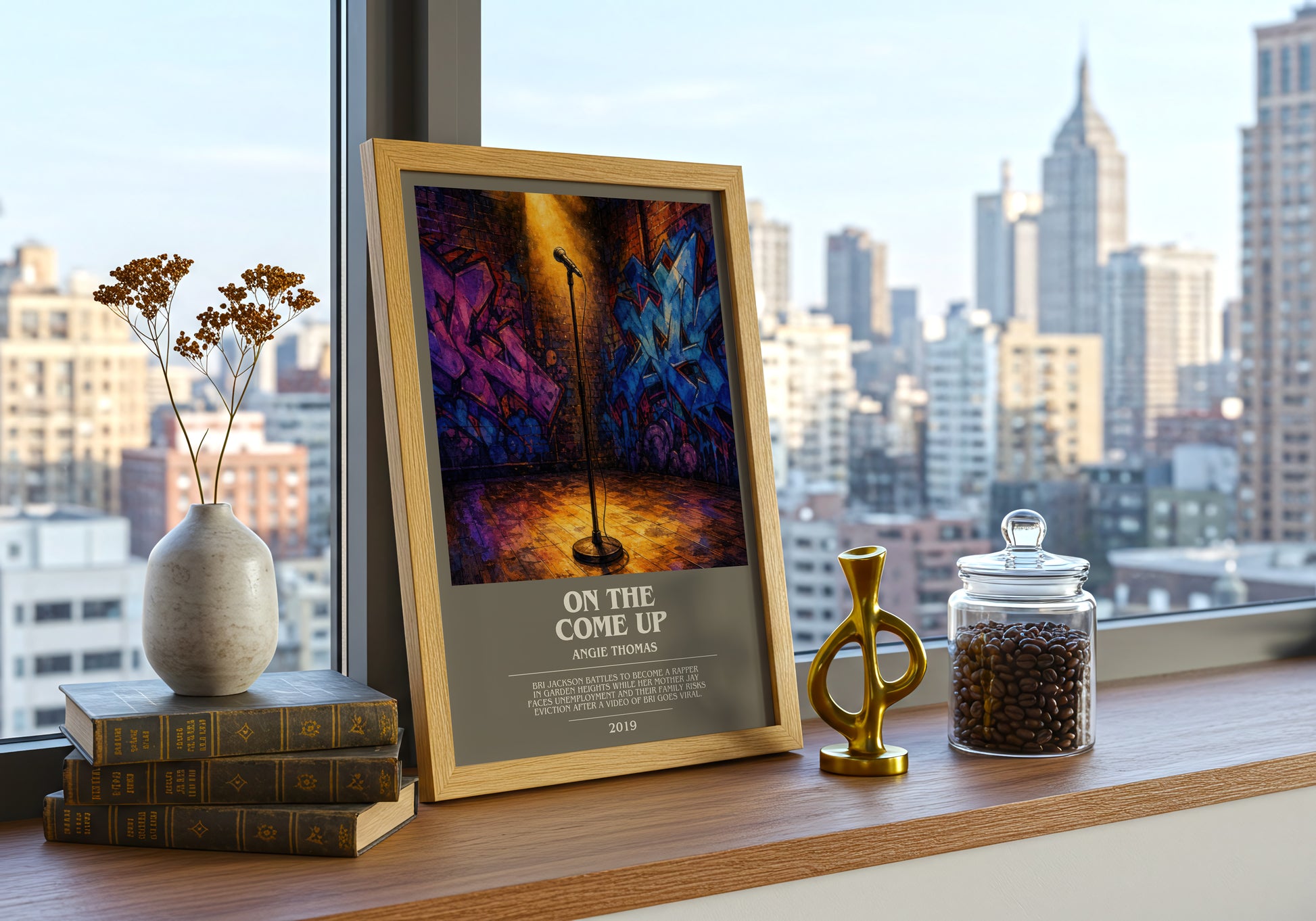 On The Come Up bookish print framed by window – literary home decor