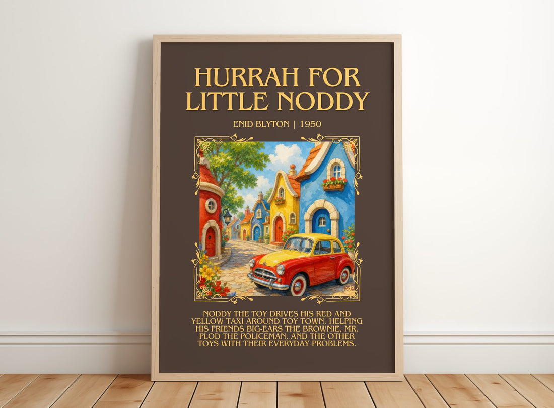 Hurrah For Little Noddy Minimalist Book Poster by Enid Blyton – framed print leaning on a wooden floor