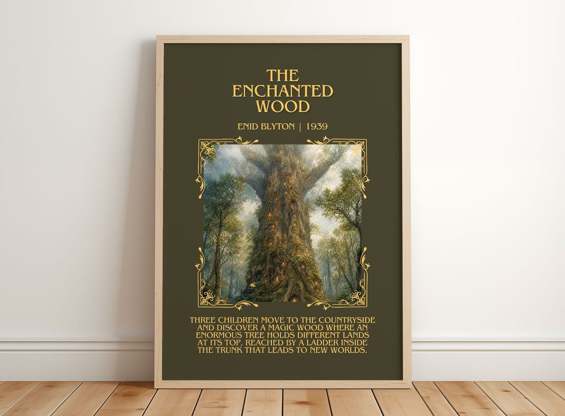 The Enchanted Wood Minimalist Book Poster by Enid Blyton – framed print leaning on a wooden floor