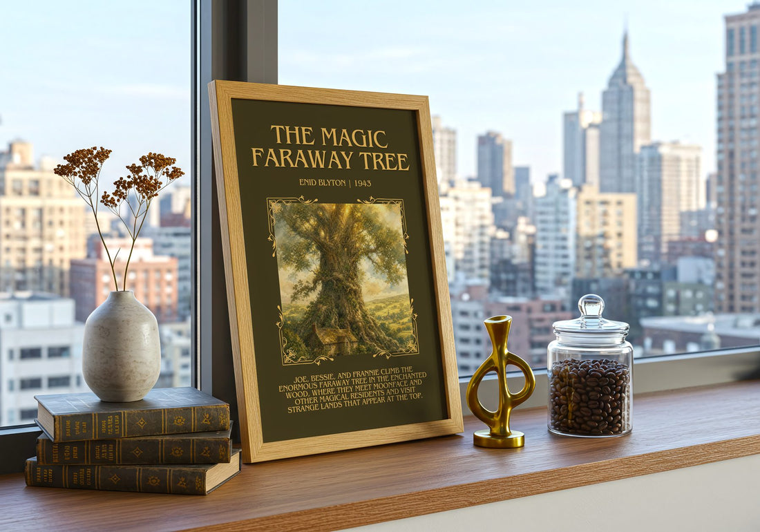The Magic Faraway Tree Minimalist Book Poster by Enid Blyton – framed print on a city-view windowsill