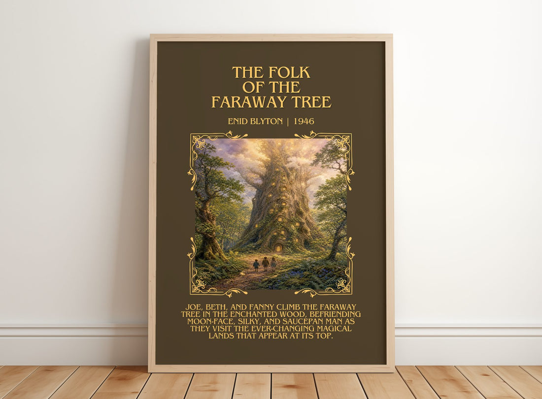 The Folk Of The Faraway Tree Minimalist Book Poster by Enid Blyton – framed print leaning on a wooden floor