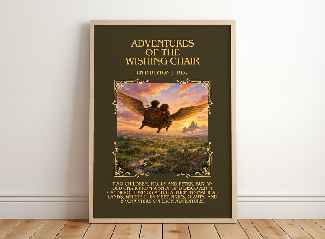 Adventures Of The Wishing-Chair Minimalist Book Poster by Enid Blyton – framed print leaning on a wooden floor