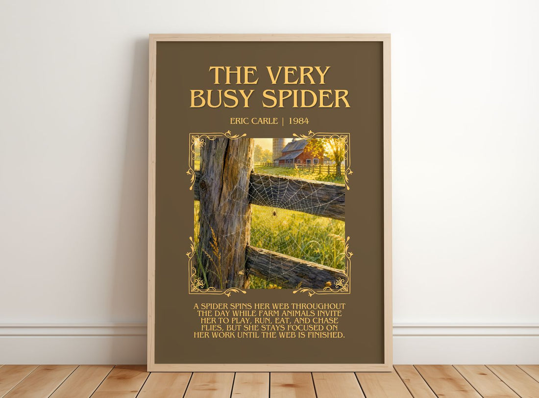 The Very Busy Spider Minimalist Book Poster by Eric Carle – framed print leaning on a wooden floor