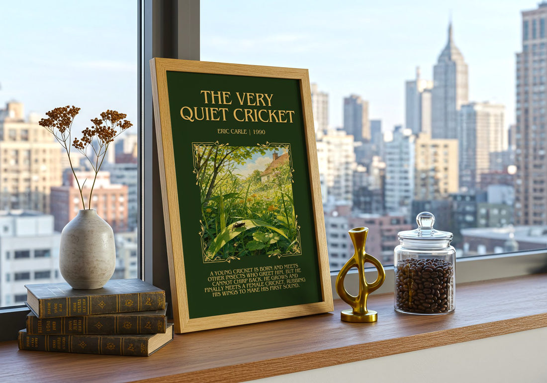 The Very Quiet Cricket Minimalist Book Poster by Eric Carle – framed print on a city-view windowsill