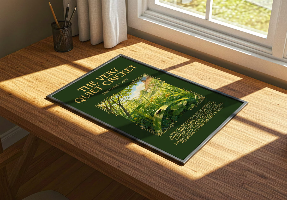 The Very Quiet Cricket Minimalist Book Poster by Eric Carle – print on a sunlit desk