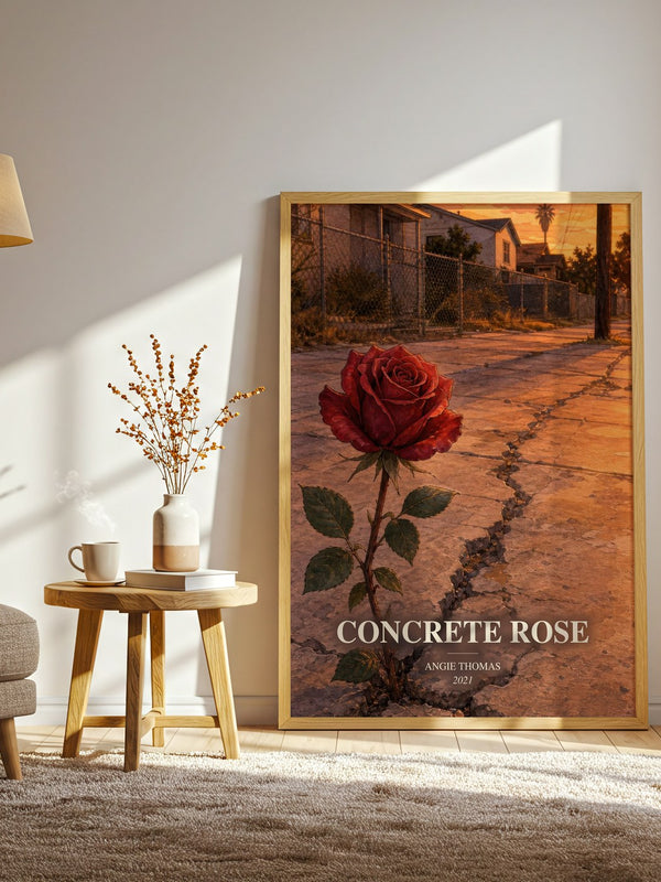 Concrete Rose watercolour print in frame leaning in hallway – young adult wall art