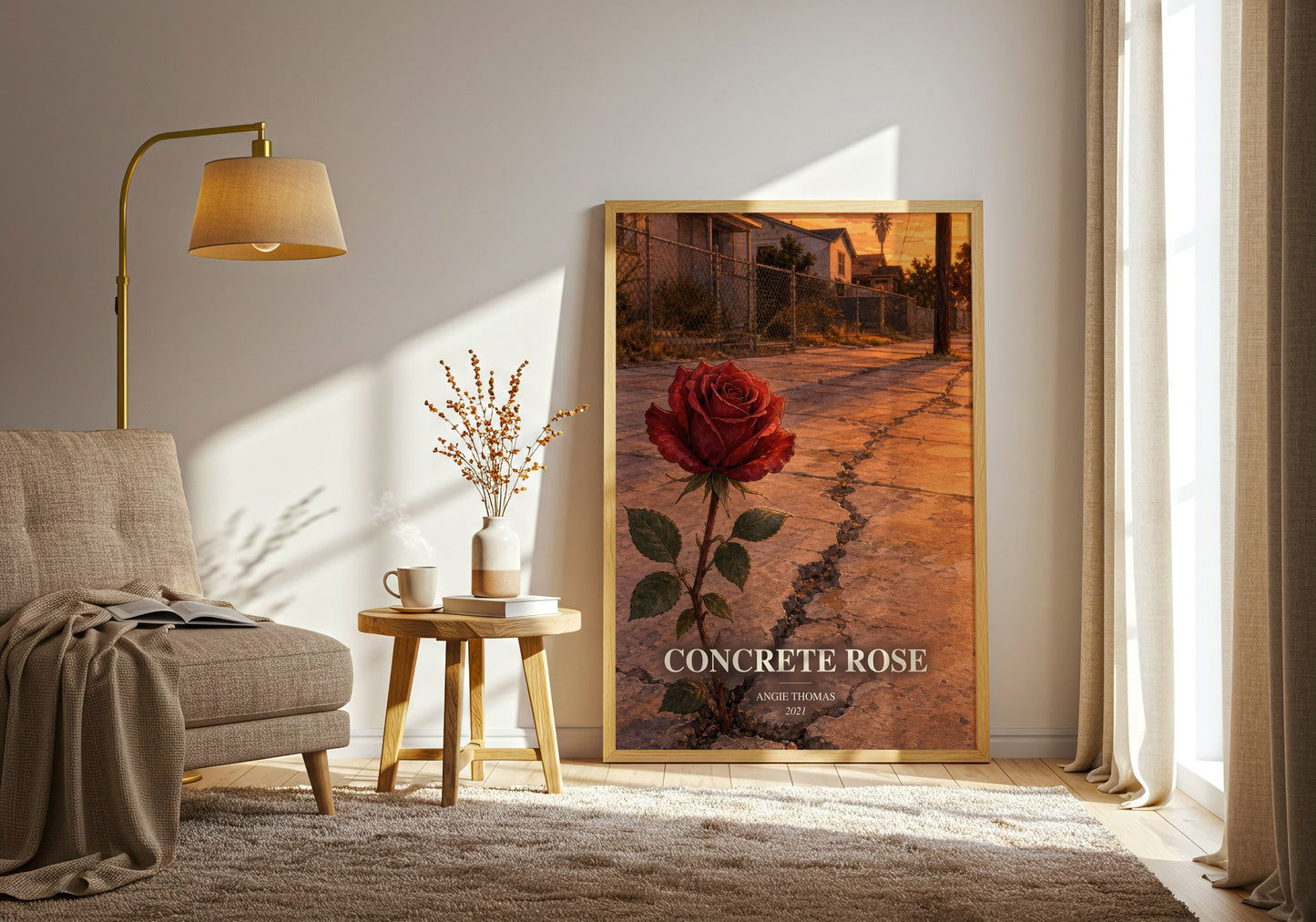 Concrete Rose watercolour print in frame leaning in hallway – young adult wall art