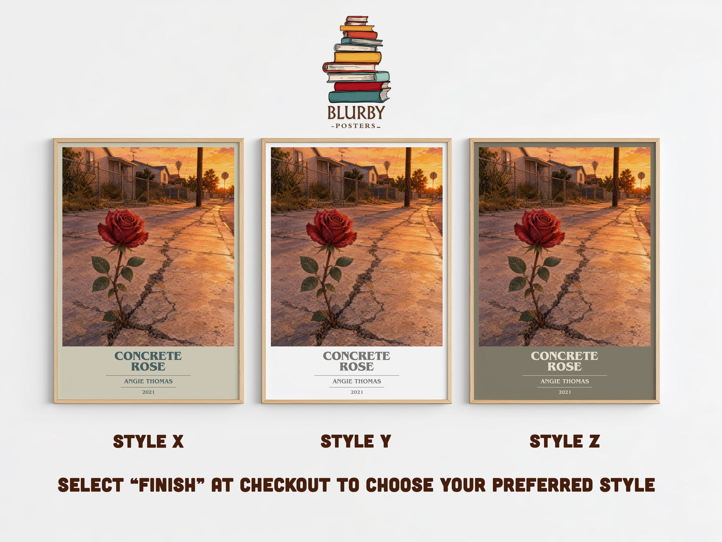 Concrete Rose book cover print in frame leaning in hallway – young adult wall art