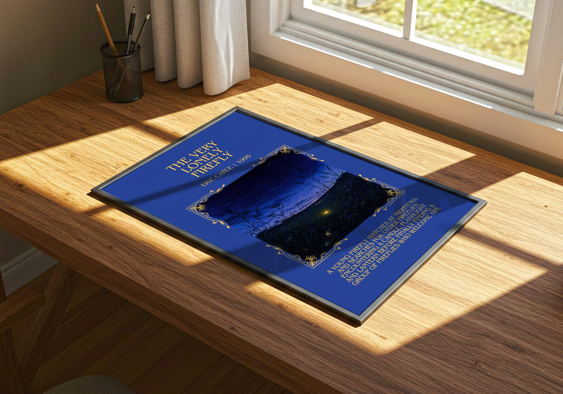 The Very Lonely Firefly Minimalist Book Poster by Eric Carle – print on a sunlit desk
