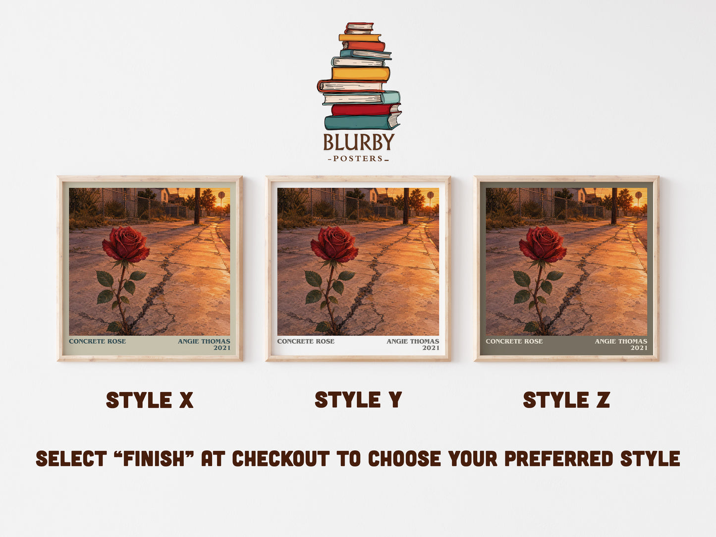 Concrete Rose literary print in frame leaning in hallway – young adult wall art