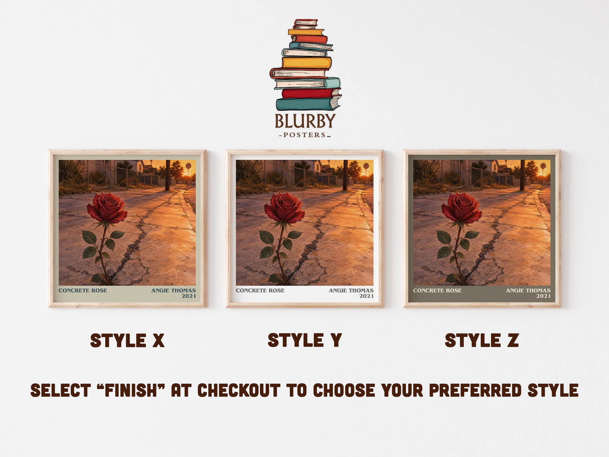 Concrete Rose literary print in frame leaning in hallway – young adult wall art