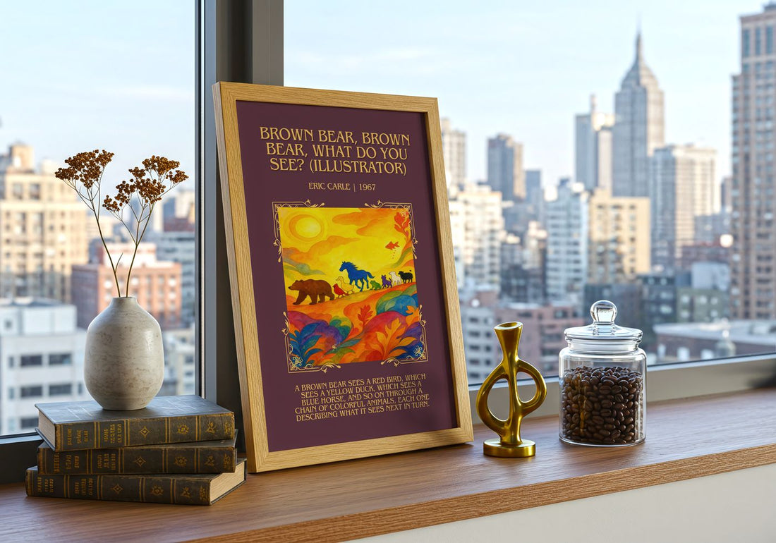 Brown Bear, Brown Bear, What Do You See? (Illustrator) Minimalist – framed print on a city-view windowsill