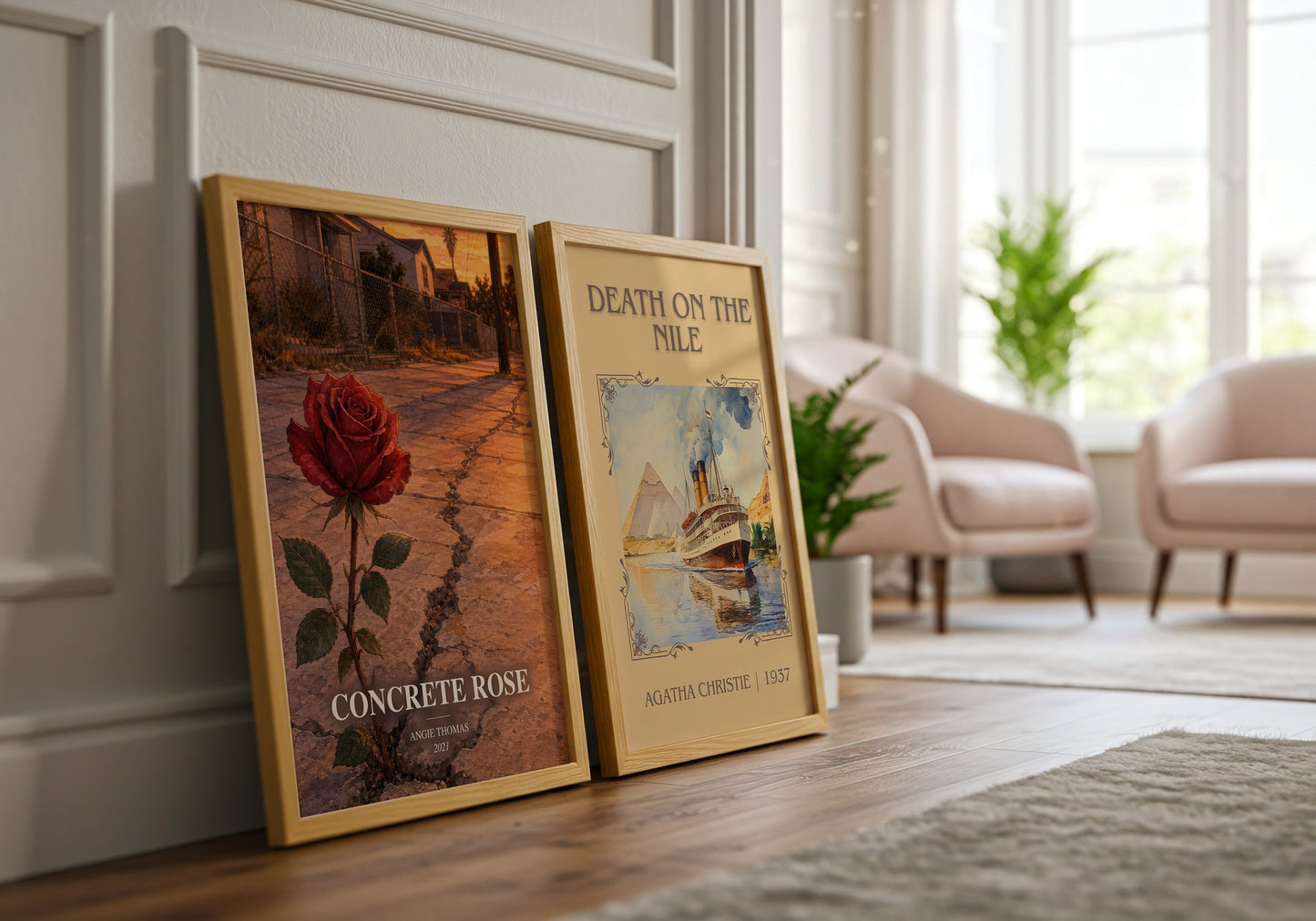 Concrete Rose watercolour print framed by window – literary home decor