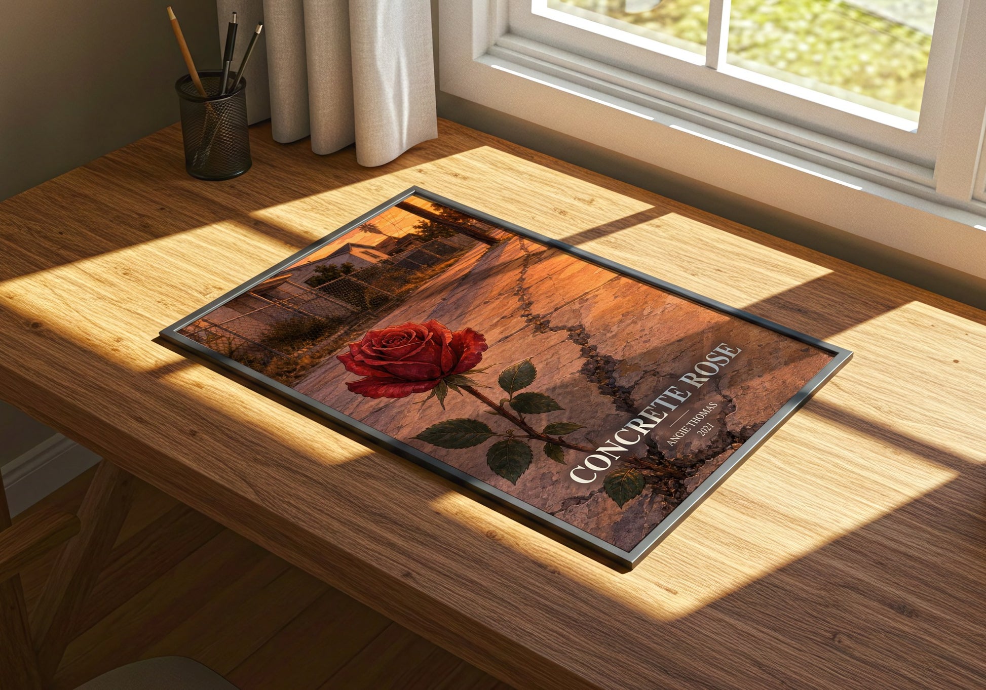 Concrete Rose watercolour book poster framed on wall – young adult wall art