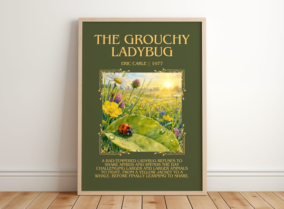 The Grouchy Ladybug Minimalist Book Poster by Eric Carle – framed print leaning on a wooden floor