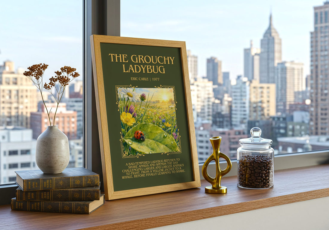 The Grouchy Ladybug Minimalist Book Poster by Eric Carle – framed print on a city-view windowsill