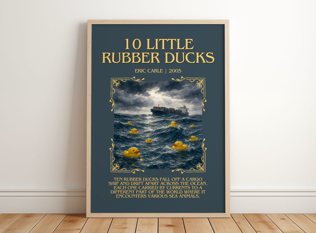 10 Little Rubber Ducks Minimalist Book Poster by Eric Carle – framed print leaning on a wooden floor