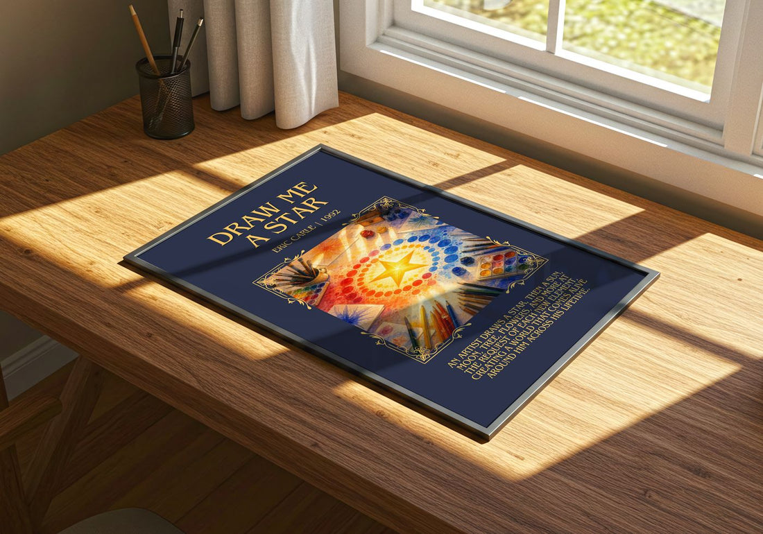Draw Me A Star Minimalist Book Poster by Eric Carle – print on a sunlit desk