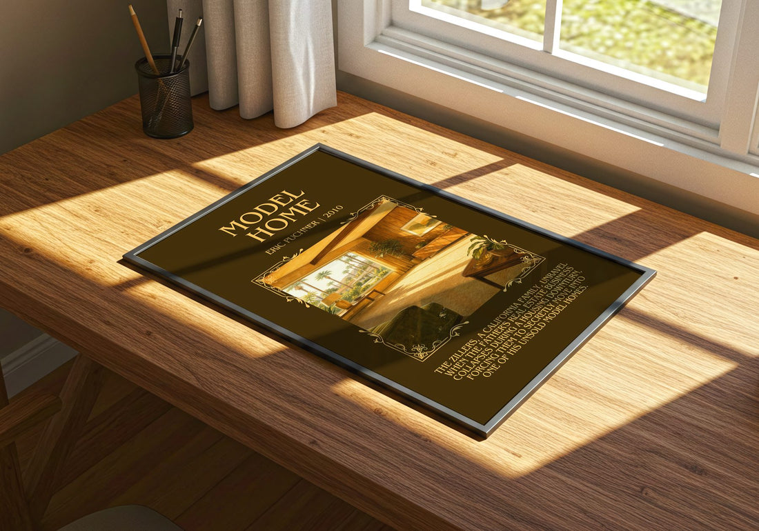 Model Home Minimalist Book Poster by Eric Puchner – print on a sunlit desk