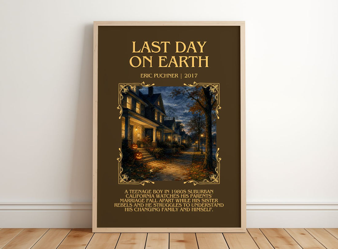 Last Day On Earth Minimalist Book Poster by Eric Puchner – framed print leaning on a wooden floor