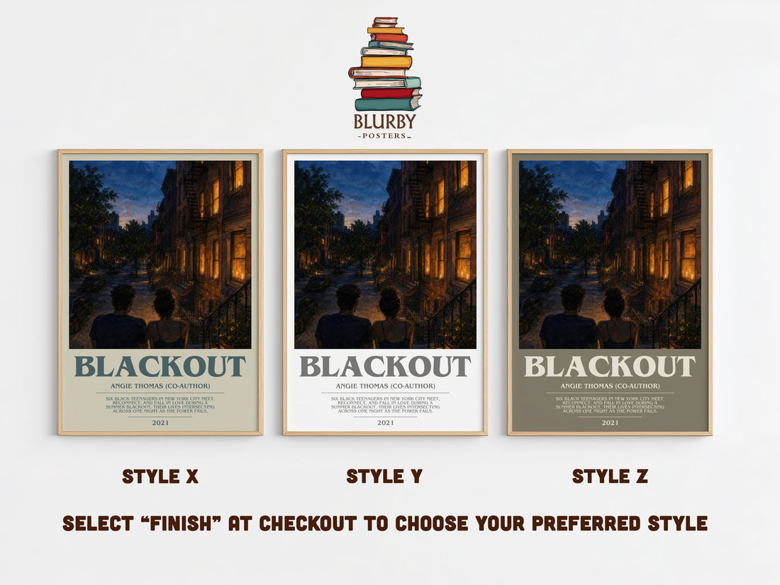Blackout bookish print in frame leaning in hallway – young adult wall art (mockup)